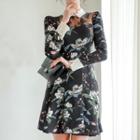 Long-sleeve Lace Paneled Printed A-line Mini Dress