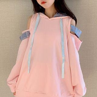 Cold-shoulder Plaid Strap Hoodie / Mini A-line Skirt / Set