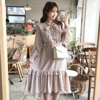 Ruffle-hem Floral Print Dress Pink - One Size