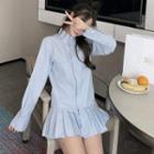Long-sleeve Pleated Shirt Dress Blue - One Size