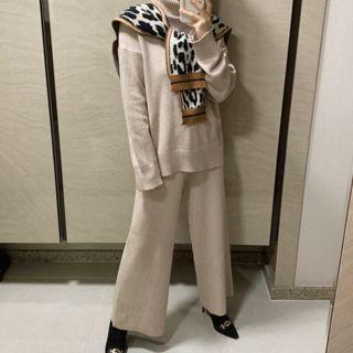 Set: Turtle-neck Wool Blend Knit Top + Wide-leg Pants