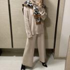 Set: Turtle-neck Wool Blend Knit Top + Wide-leg Pants
