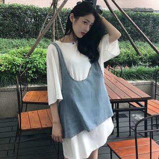 Set: Elbow-sleeve T-shirt Dress + Denim Tank Top