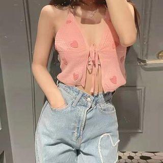 Heart Embroidered Tie-front Camisole Top