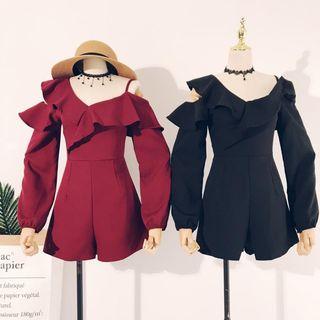 Long-sleeve Cut-out Ruffle Playsuit