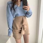 Plain V-neck Sweater / Ruffled Fitted Mini Skirt