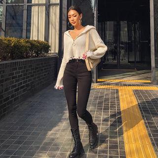 High-neck Zip-front Distressed Cropped Sweater