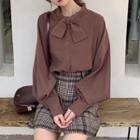 Ribbon-neck Shirt / Plaid Mini Skirt
