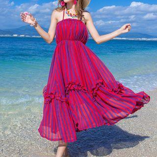 Striped Halter Maxi Chiffon Dress