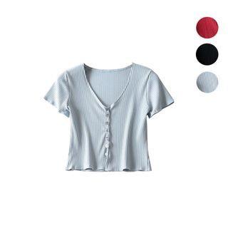 Buttoned Short-sleeve Ribbed Top