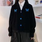 Butterfly Embroidered Buttoned V-neck Jacket
