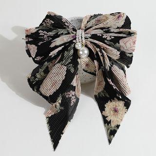 Floral Print Chiffon Bow Faux Pearl Hair Clip