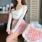 Long-sleeve Knotted Crop Top / Camisole Top / Drawstring Skort