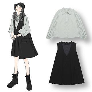 Lantern-sleeve Blouse / V-neck Jumper Dress