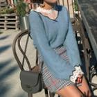 Long-sleeve Lace Top / Wave Edge V-neck Furry Sweater