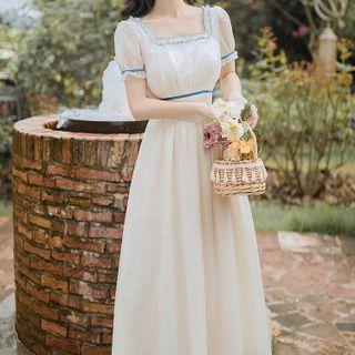 Short-sleeve Frill Trim Square-neck Midi A-line Dress