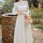 Short-sleeve Frill Trim Square-neck Midi A-line Dress