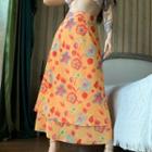 High-waist Floral Print Layered Mesh Maxi Skirt
