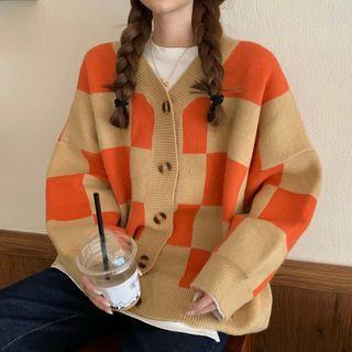 Contrast Color Checkboard Knit Cardigan