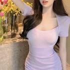 Short-sleeve Square-neck Fitted Top / Mini Skirt