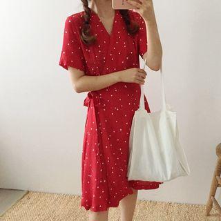Short-sleeve Dotted Wrap Dress