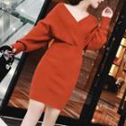 V-neck Cut Out Mini Sweater Dress Tangerine Red - One Size