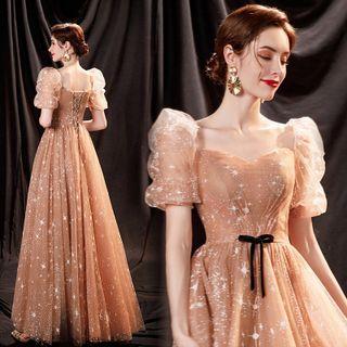 Puff-sleeve Star Print Sheath Evening Gown