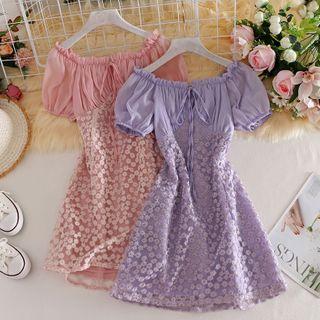 Off Shoulder Embroider Floral Mesh Puff-sleeved Dress