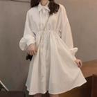 Long-sleeve Plain Elastic Waist Button-up Midi Dress