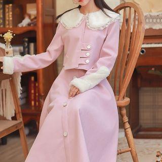 Set: Buttoned Cropped Jacket + Buttoned A-line Midi Skirt + Furry Collar