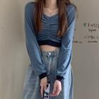 Puff-sleeve Shirred Cropped T-shirt Blue - One Size