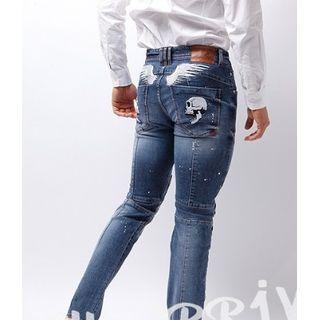 Wings & Skull Embroidery Slim Jeans