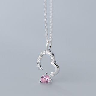 Rhinestone Heart 925 Sterling Silver Necklace S925 Silver - Pink & Silver - One Size