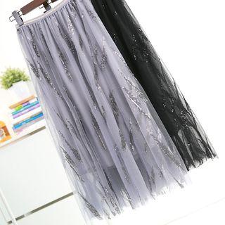 Sequined Detail Mesh Overlay Skirt