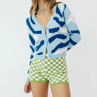 V-neck Jacquard Cardigan La#f0770 - Blue - One Size