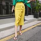 Frilled Linen Midi Wrap Skirt