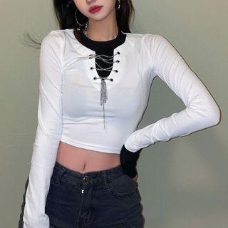 Long-sleeve Mock Two-piece Lace Up T-shirt