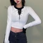 Long-sleeve Mock Two-piece Lace Up T-shirt