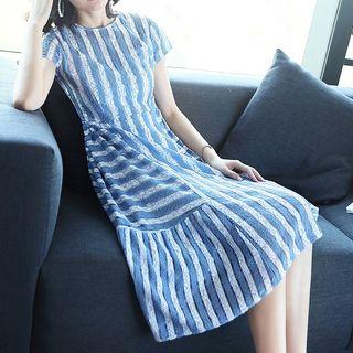 Striped Short Sleeve Lace Midi Dress
