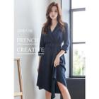 Open-placket Diagonal-hem Long Dress With Belt