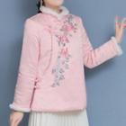 Floral Embroidered Fluffy Trim Padded Jacket