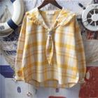 Long-sleeve Plaid Frill Trim Sailor Collar Blouse Plaid - Yellow & White - One Size