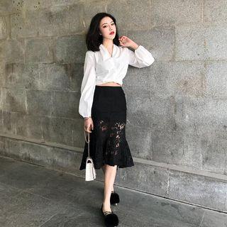 Plain V-neck Long-sleeve Top / Lace Midi Skirt