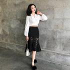 Plain V-neck Long-sleeve Top / Lace Midi Skirt