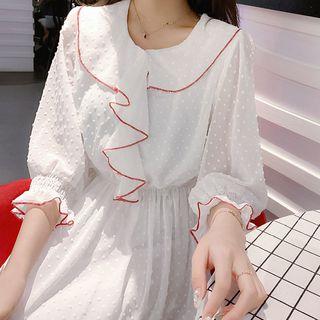 3/4-sleeve Ruffled A-line Midi Chiffon Dress