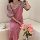 Puff-sleeve Floral Printed Blouse / Sleeveless Plain Dress