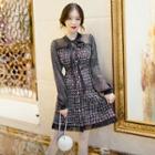 Tie-neck Plaid Panel Button A-line Dress