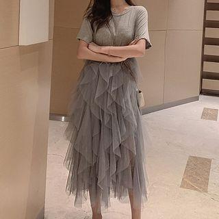 Short-sleeve Ruffled Mesh Midi Dress