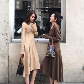 Hooded Long-sleeve Midi A-line Knit Dress