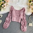 Square-neck Plain Single-breasted Long-sleeve Top